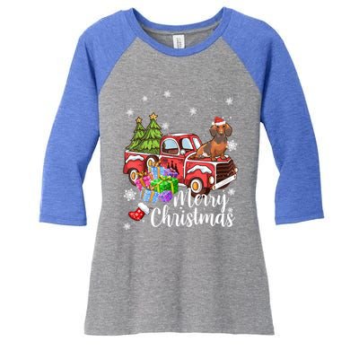 Dachshund Dog Riding Red Truck Christmas Decorations Pajama Gift Women's Tri-Blend 3/4-Sleeve Raglan Shirt