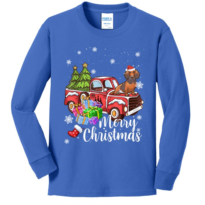 Dachshund Dog Riding Red Truck Christmas Decorations Pajama Gift Kids Long Sleeve Shirt