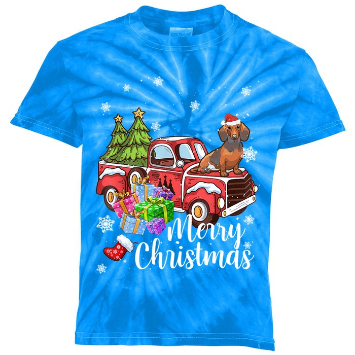 Dachshund Dog Riding Red Truck Christmas Decorations Pajama Gift Kids Tie-Dye T-Shirt