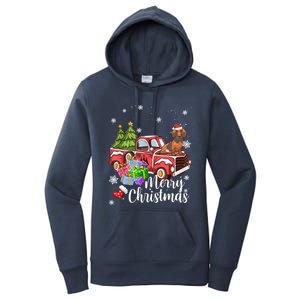 Dachshund Dog Riding Red Truck Christmas Decorations Pajama Gift Women's Pullover Hoodie