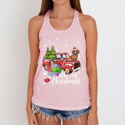 Dachshund Dog Riding Red Truck Christmas Decorations Pajama Gift Women's Knotted Racerback Tank