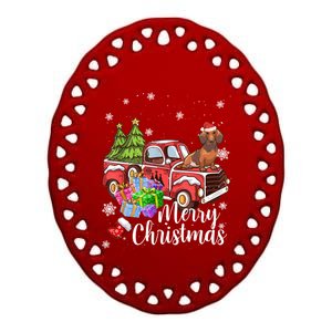 Dachshund Dog Riding Red Truck Christmas Decorations Pajama Gift Ceramic Oval Ornament