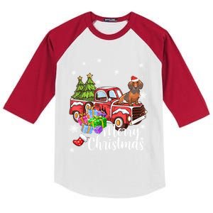 Dachshund Dog Riding Red Truck Christmas Decorations Pajama Gift Kids Colorblock Raglan Jersey