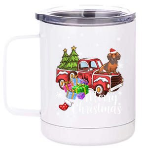 Dachshund Dog Riding Red Truck Christmas Decorations Pajama Gift 12 oz Stainless Steel Tumbler Cup