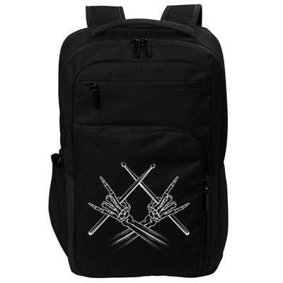 Drummer Drum Sticks Rock & Roll Skeleton Hand Horns Impact Tech Backpack