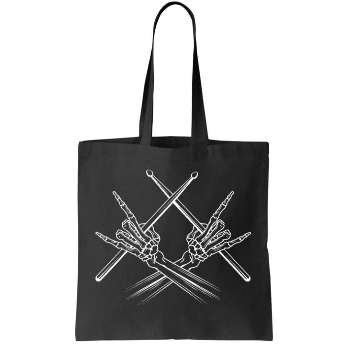 Drummer Drum Sticks Rock & Roll Skeleton Hand Horns Tote Bag