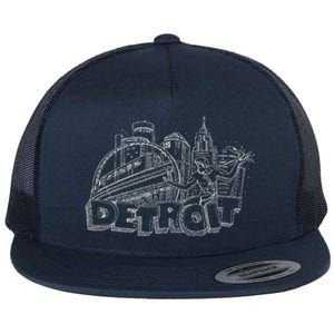 Detroit Drawing Skyline Flat Bill Trucker Hat