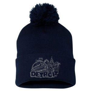 Detroit Drawing Skyline Pom Pom 12in Knit Beanie