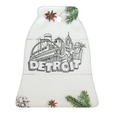 Detroit Drawing Skyline Ceramic Bell Ornament