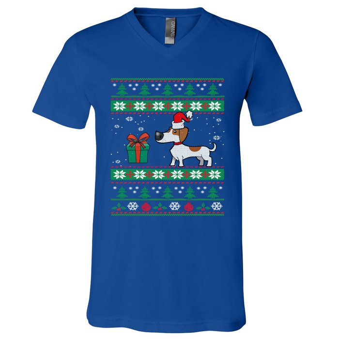 Dachshund Dog Santa Hat Funny Dogs Lovers Christmas Xmas Gift V-Neck T-Shirt