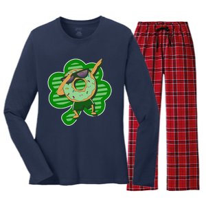 Dabbing Donut St Patricks Day Irishs Shamrock Funny Women's Long Sleeve Flannel Pajama Set 