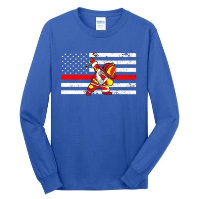 Distressed Dabbing Santa Meaningful Gift Thin Red Line Firefighter Cool Gift Tall Long Sleeve T-Shirt