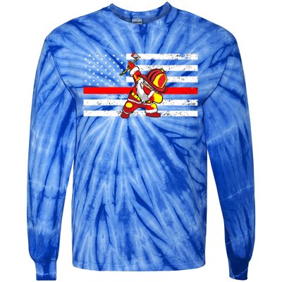 Distressed Dabbing Santa Meaningful Gift Thin Red Line Firefighter Cool Gift Tie-Dye Long Sleeve Shirt