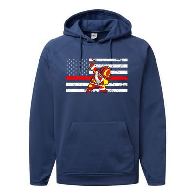 Distressed Dabbing Santa Meaningful Gift Thin Red Line Firefighter Cool Gift Performance Fleece Hoodie