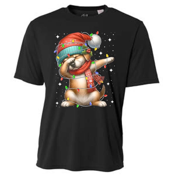 Dabbing Dog Santa Hat Christmas Lights Cooling Performance Crew T-Shirt