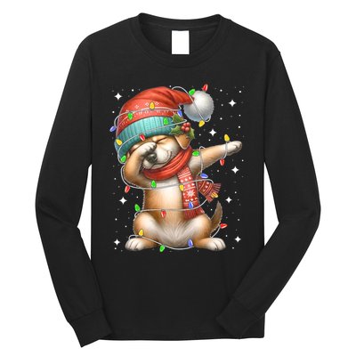 Dabbing Dog Santa Hat Christmas Lights Long Sleeve Shirt