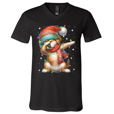 Dabbing Dog Santa Hat Christmas Lights V-Neck T-Shirt