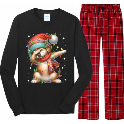 Dabbing Dog Santa Hat Christmas Lights Long Sleeve Pajama Set