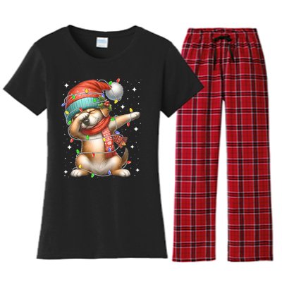 Dabbing Dog Santa Hat Christmas Lights Women's Flannel Pajama Set