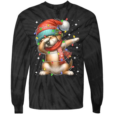 Dabbing Dog Santa Hat Christmas Lights Tie-Dye Long Sleeve Shirt