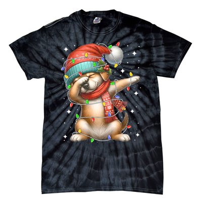 Dabbing Dog Santa Hat Christmas Lights Tie-Dye T-Shirt