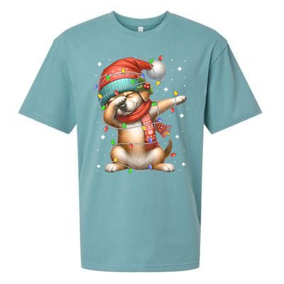 Dabbing Dog Santa Hat Christmas Lights Sueded Cloud Jersey T-Shirt