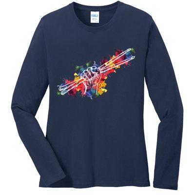 Drummer Drum Set Drumsticks Ladies Long Sleeve Shirt
