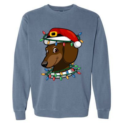 Dachshund Doxie Santa Christmas Pajama Top Xmas Lights Gift Garment-Dyed Sweatshirt