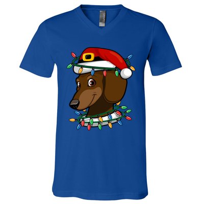 Dachshund Doxie Santa Christmas Pajama Top Xmas Lights Gift V-Neck T-Shirt