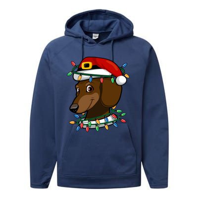 Dachshund Doxie Santa Christmas Pajama Top Xmas Lights Gift Performance Fleece Hoodie