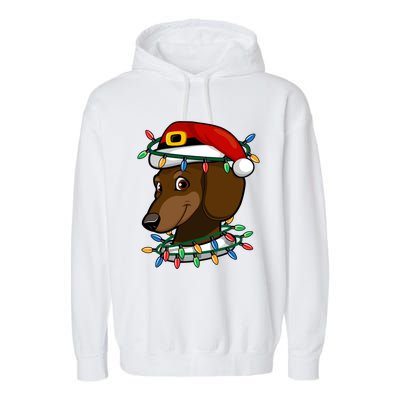 Dachshund Doxie Santa Christmas Pajama Top Xmas Lights Gift Garment-Dyed Fleece Hoodie