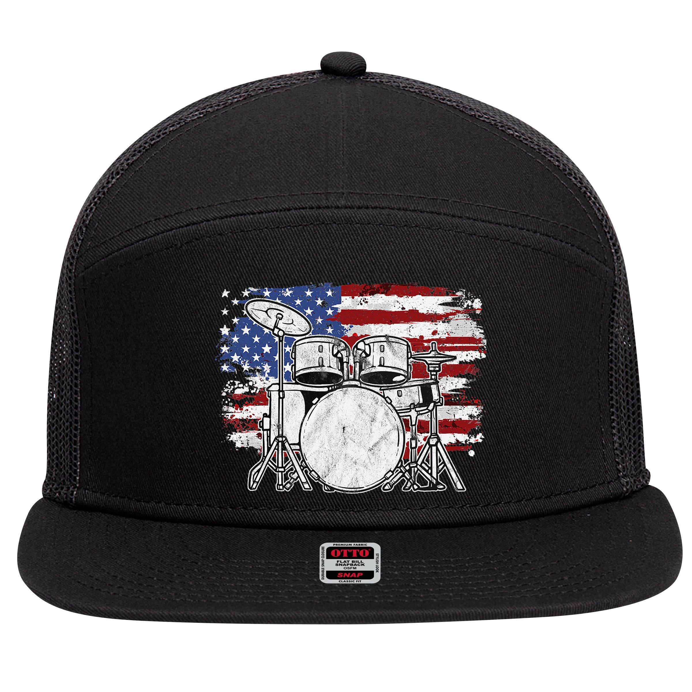 Drummer Drum Set Drums USA Flag American 4th Of July Gift 7 Panel Mesh Trucker Snapback Hat