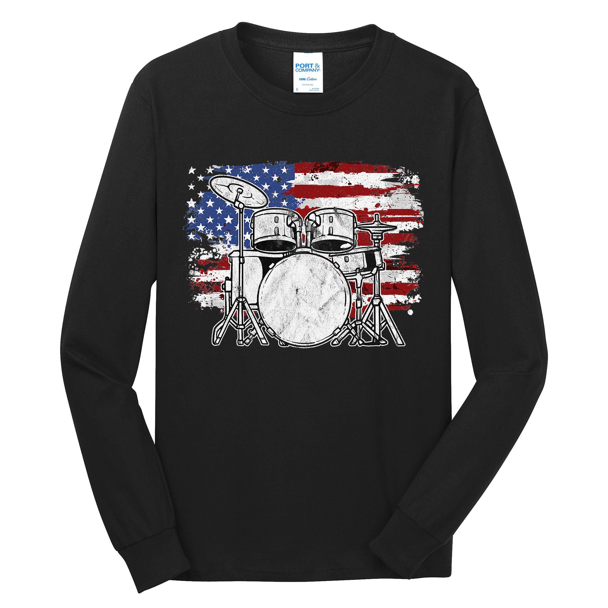 Drummer Drum Set Drums USA Flag American 4th Of July Gift Tall Long Sleeve T-Shirt