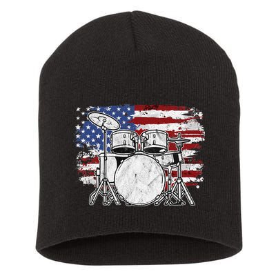 Drummer Drum Set Drums USA Flag American 4th Of July Gift Short Acrylic Beanie