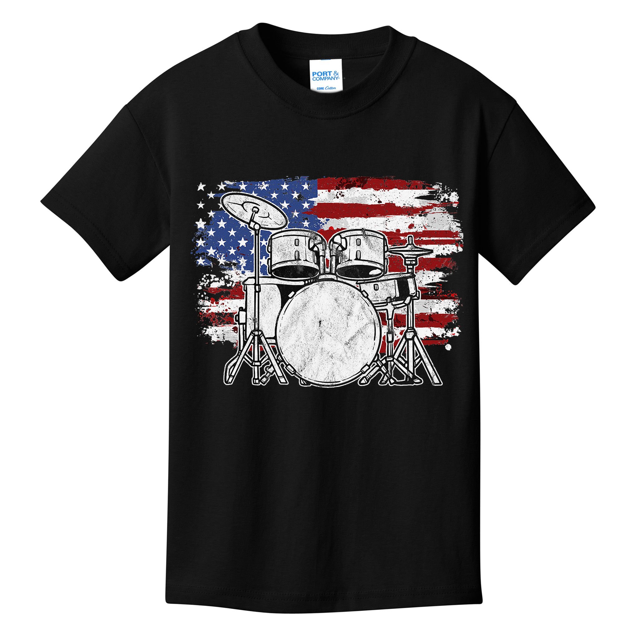 Drummer Drum Set Drums USA Flag American 4th Of July Gift Kids T-Shirt