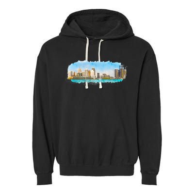 Downtown Detroit Skyline Watercolor Sketch Garment-Dyed Fleece Hoodie