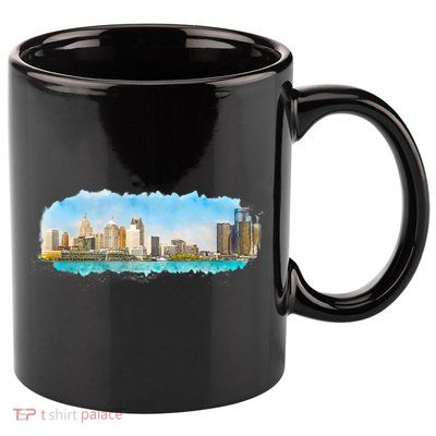 Downtown Detroit Skyline Watercolor Sketch 11oz C Handle Ceramic Mug