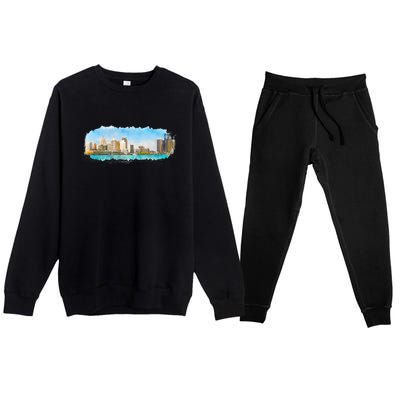 Downtown Detroit Skyline Watercolor Sketch Premium Crewneck Sweatsuit Set