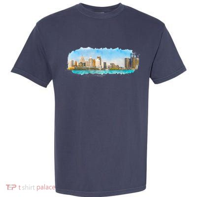 Downtown Detroit Skyline Watercolor Sketch Garment-Dyed Heavyweight T-Shirt