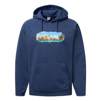 Downtown Detroit Skyline Watercolor Sketch Performance Fleece Hoodie