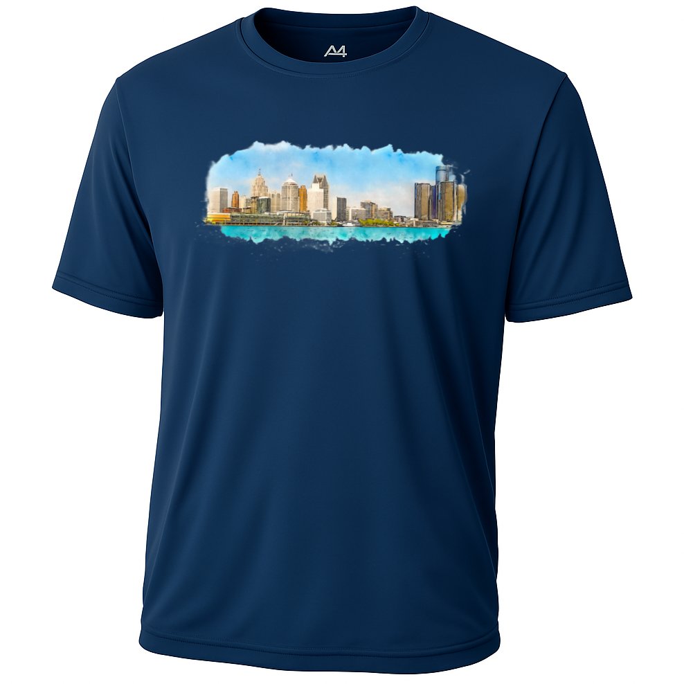 Downtown Detroit Skyline Watercolor Sketch Cooling Performance Crew T-Shirt