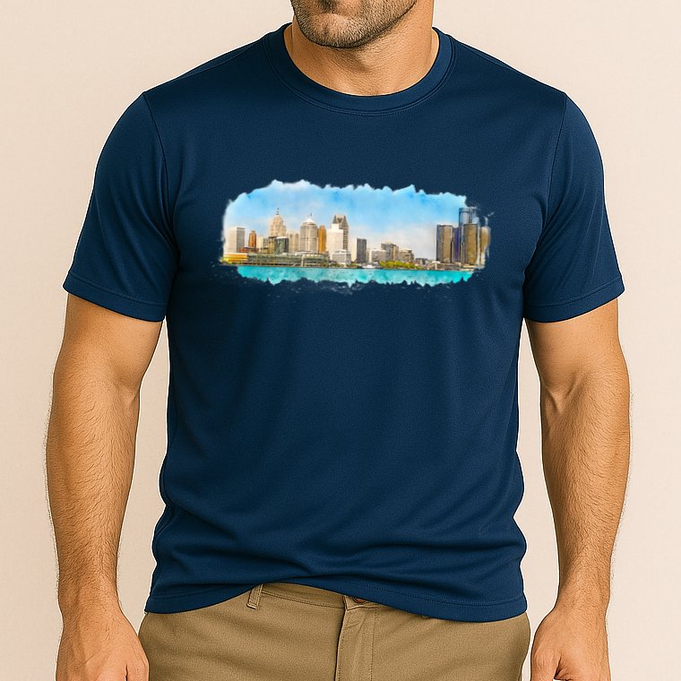 Downtown Detroit Skyline Watercolor Sketch Cooling Performance Crew T-Shirt