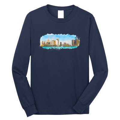 Downtown Detroit Skyline Watercolor Sketch Long Sleeve Shirt