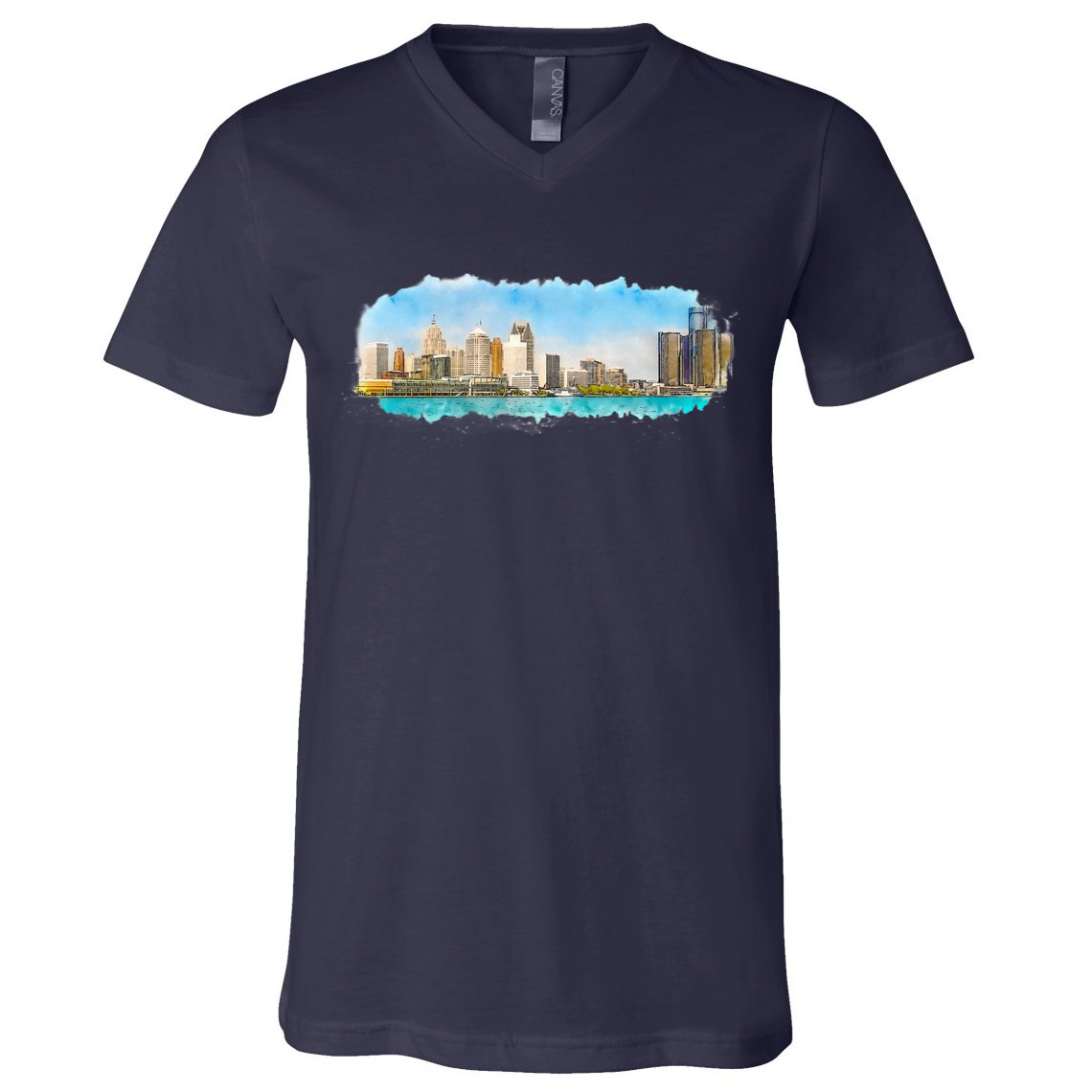 Downtown Detroit Skyline Watercolor Sketch V-Neck T-Shirt