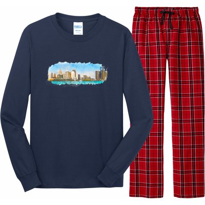 Downtown Detroit Skyline Watercolor Sketch Long Sleeve Pajama Set