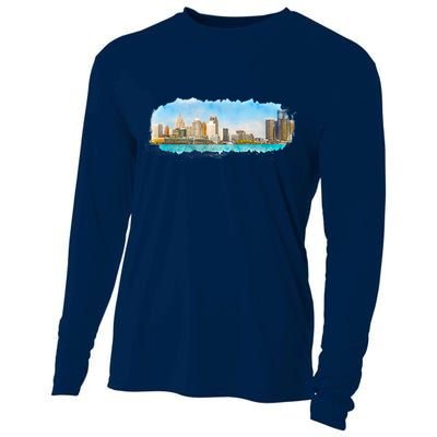 Downtown Detroit Skyline Watercolor Sketch Cooling Performance Long Sleeve Crew