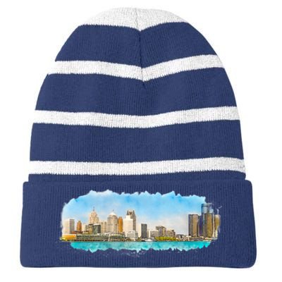 Downtown Detroit Skyline Watercolor Sketch Striped Beanie with Solid Band