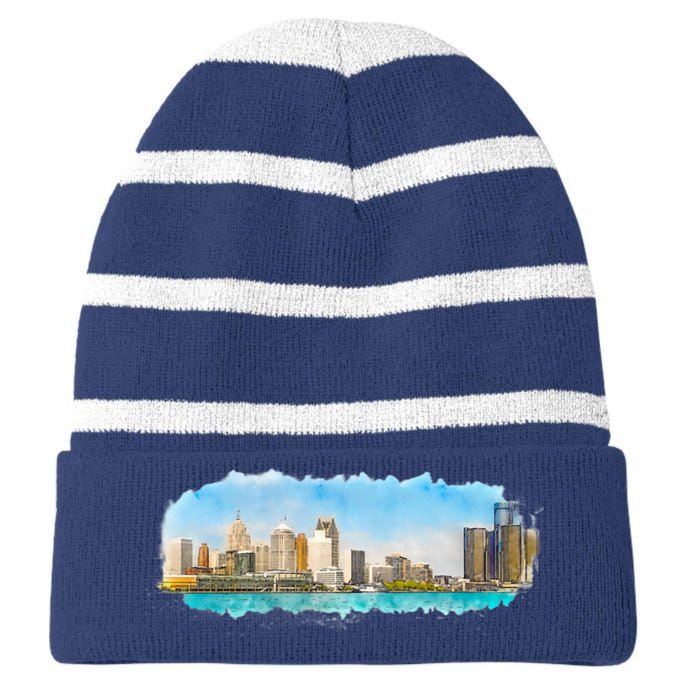 Downtown Detroit Skyline Watercolor Sketch Striped Beanie with Solid Band