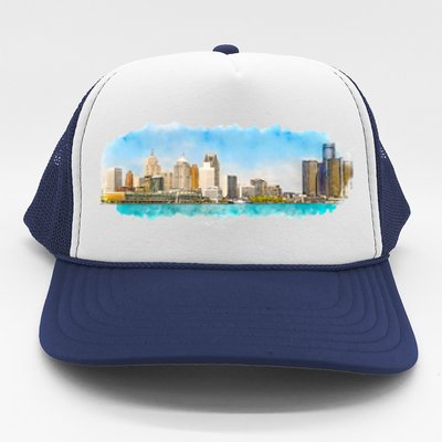 Downtown Detroit Skyline Watercolor Sketch Trucker Hat