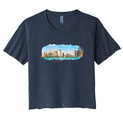 Downtown Detroit Skyline Watercolor Sketch Women's Crop Top Tee